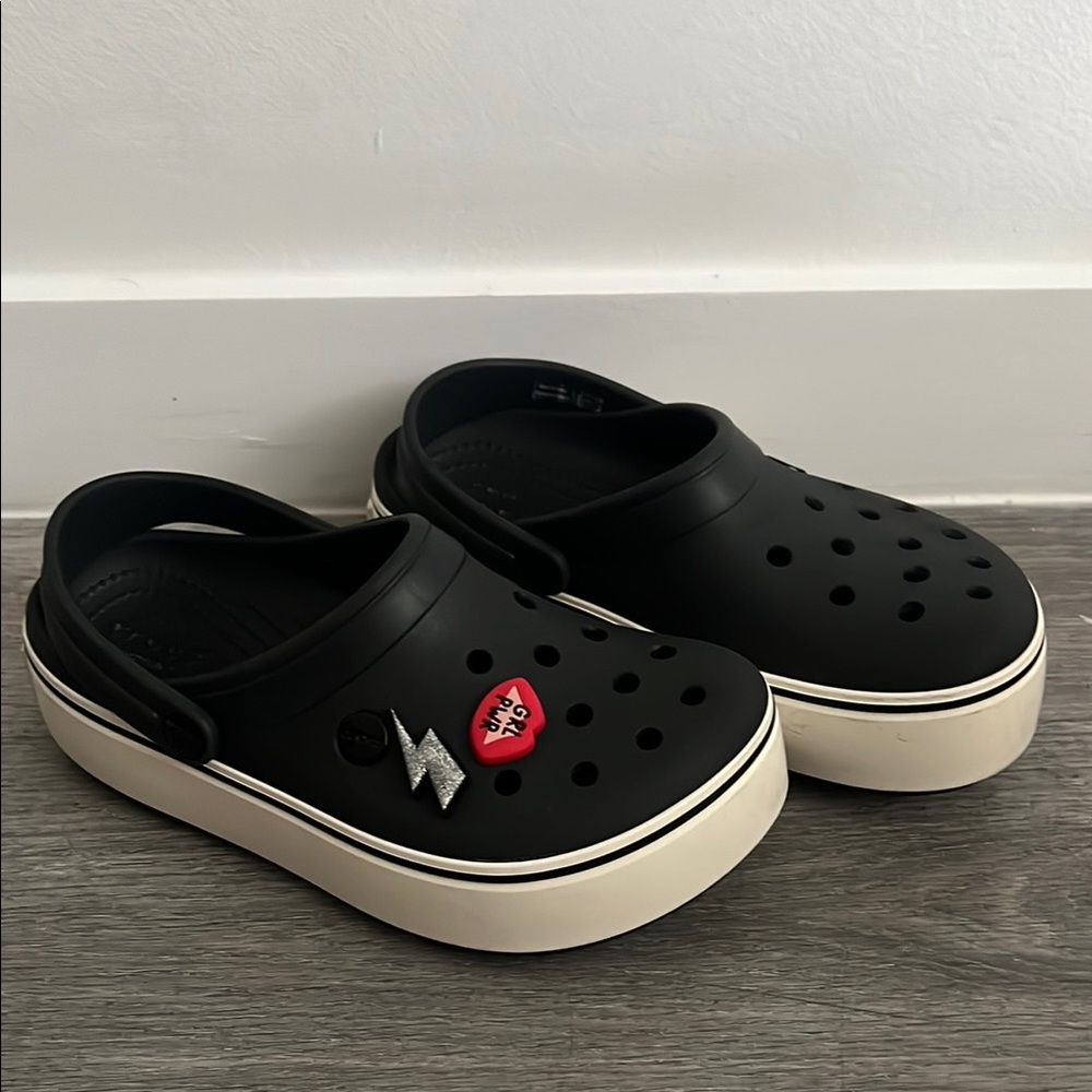Black Platform Crocs with Pins